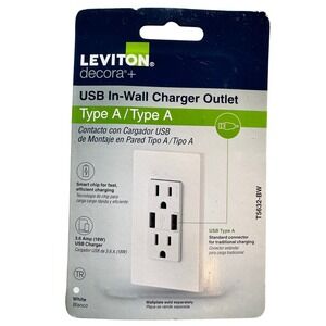 Leviton Decora Plus USB In-Wall Charger Outlet Type A 15A 18W White T5632-BW